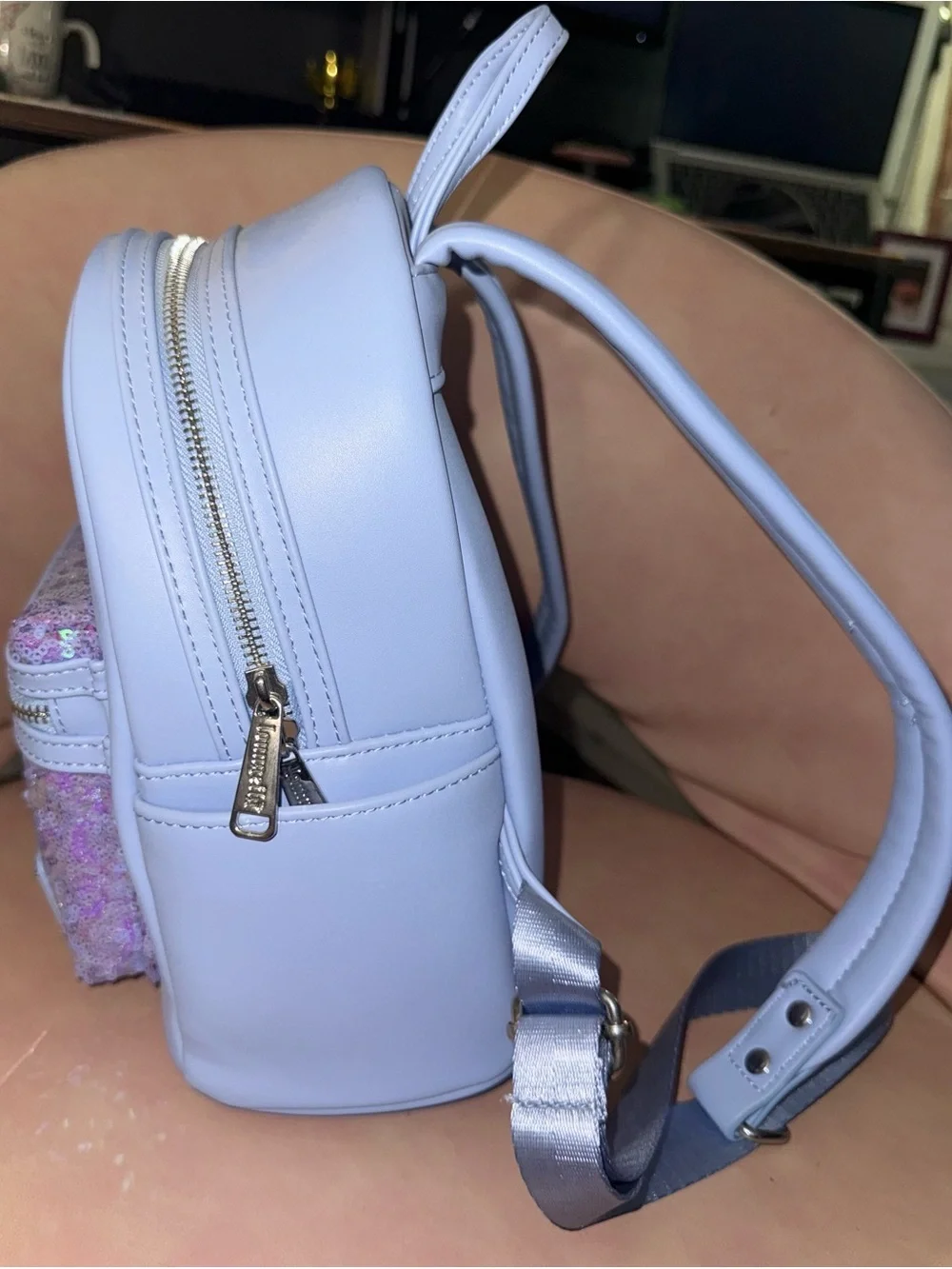 Loungefly White Mini Backpack with Pink Iridescent Sequin Pocket